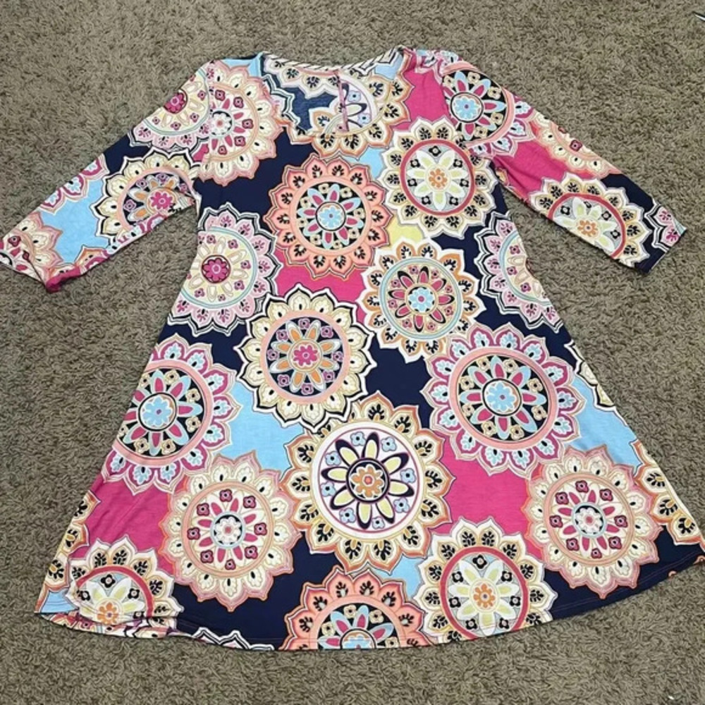 3/4 Sleeve Red Light Blue Multicolor Geometric Print Tunic Dress
